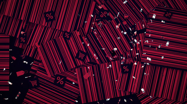 Modern Black Friday abstract background with barcode stripes, discount labels and confetti for stylish sale banners and ads.