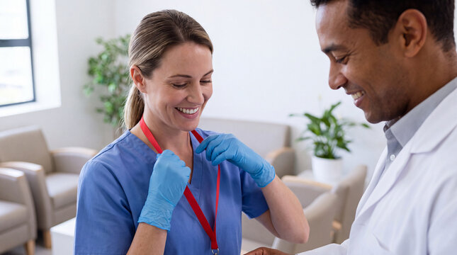A Caucasian nurse wears a red ribbon lanyard beside a mixed-race doctor in a hospital lounge for National Red Ribbon Week cheerful photos.
