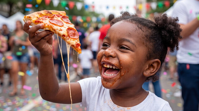 A delighted Black toddler girl raising a pepperoni pizza slice amid confetti at a lively National Pizza Month celebration, perfect for commercial and social ads.