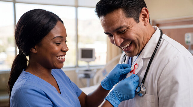 A Black nurse places a red ribbon sticker on a Hispanic doctor's coat in a bright hospital room for National Red Ribbon Week fun images.