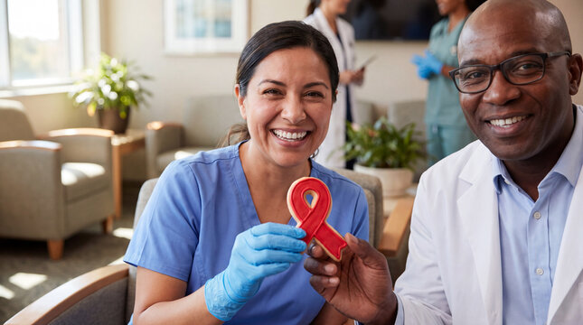 A Hispanic nurse holds a red ribbon cookie beside a Black doctor in a hospital lounge for National Red Ribbon Week cheerful campaign photos.