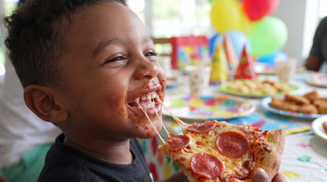 A joyful Black toddler boy laughing with a sausage pizza slice at a colorful National Pizza Month party table, perfect for commercial posters and banners.