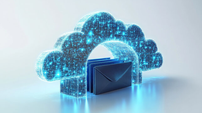 3D rendered image of blue technology cloud with email envelope, representing cloud data and communication.