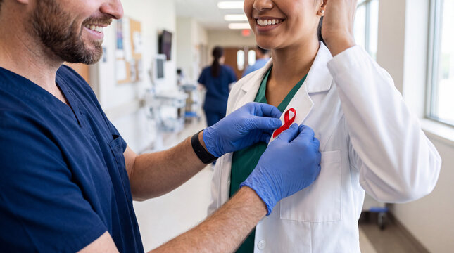 A Caucasian nurse pins a red ribbon badge on a Hispanic doctor's coat in a bright corridor for National Red Ribbon Week friendly photos.