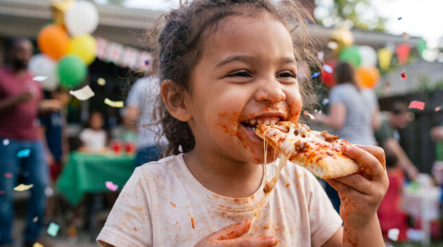 An excited mixed-race toddler girl celebrating with a meat pizza slice and confetti at a National Pizza Month party, perfect for festive promotion and banners.