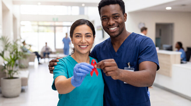 A Middle Eastern doctor holds a red ribbon badge beside a Black nurse in a hospital reception for National Red Ribbon Week proud campaign images.