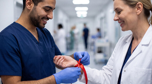 A Middle Eastern nurse ties a red ribbon on a Caucasian doctor's wrist in a hospital corridor for National Red Ribbon Week supportive photos.