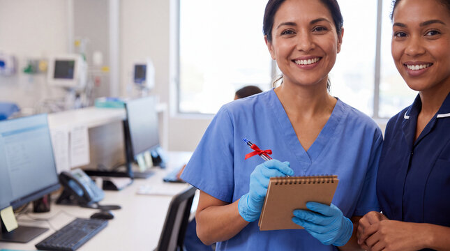 A Hispanic doctor holds a red ribbon pen and notebook beside a mixed-race nurse at a nurse station for National Red Ribbon Week organized images.