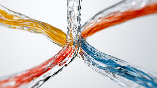 Close-up of multicolored transparent liquid fluids converging