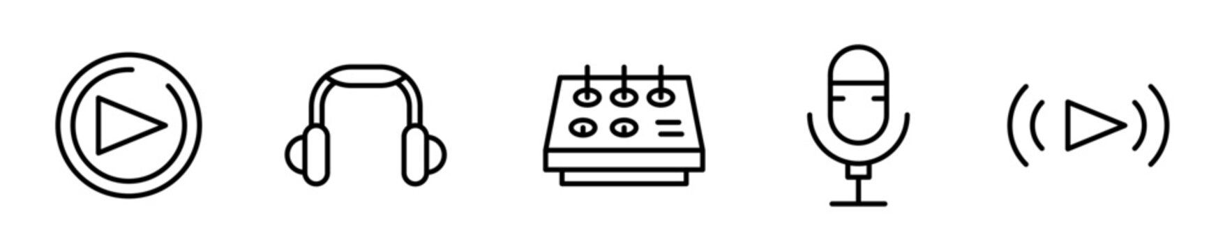 Set de iconos de podcast y audio. Reproducir episodio, escuchar, producci&oacute;n, grabar voz y ondas sonoras. Vector outline
