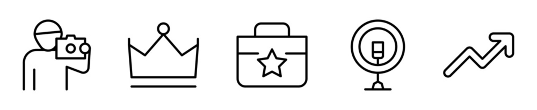 Set de iconos de creador de contenido. Grabar video, liderazgo, marca profesional, iluminaci&oacute;n y crecimiento de seguidores. Vector outline
