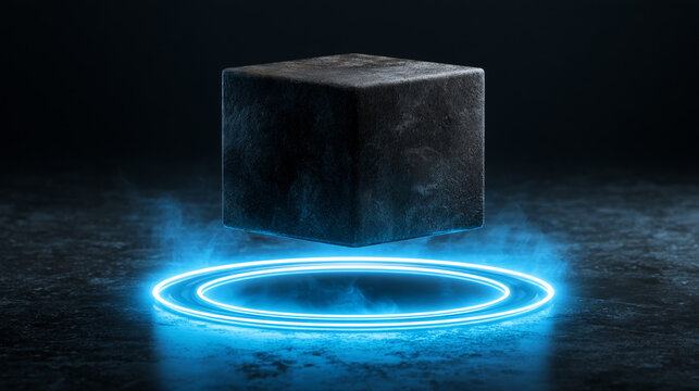 Floating black stone with a blue neon glow ring