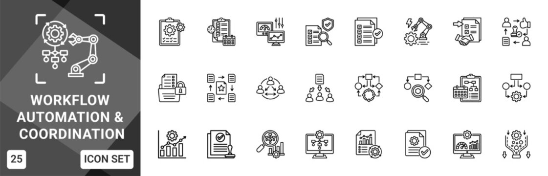 Workflow Automation & Coordination  Icon set collection. Vector icon pack featuring thematic icons for your presentations or business.