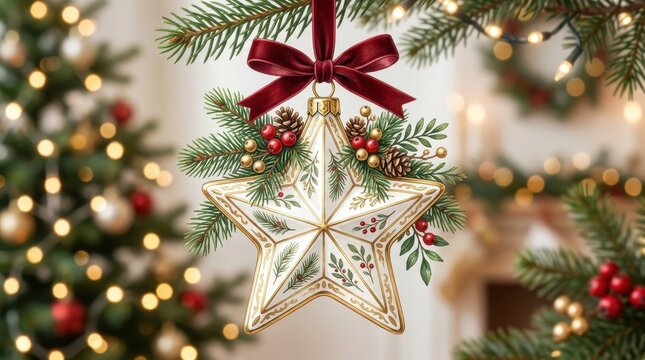 Elegant starshaped christmas ornament hanging with a red velvet bow, decorated with pine branches, pinecones, and red berries on a festive tree background