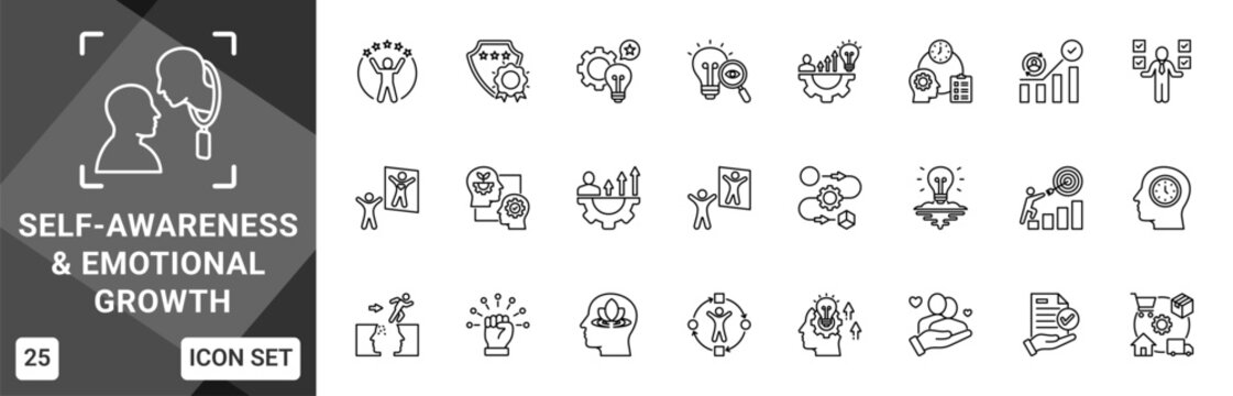 Self-Awareness And Emotional Growth  Icon set collection. Vector icon pack featuring thematic icons for your presentations or business.
