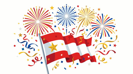 Obraz premium Happy Birthday Celebration Design with American Flag, Stars, Fireworks, Red and Blue Decorations, and Fourth of July Independence Day Theme