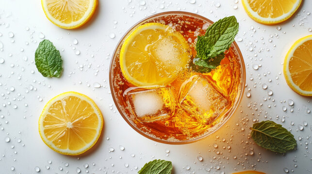 Top-Down Close-up of Refreshing Summer Iced Lemon Mint Tea