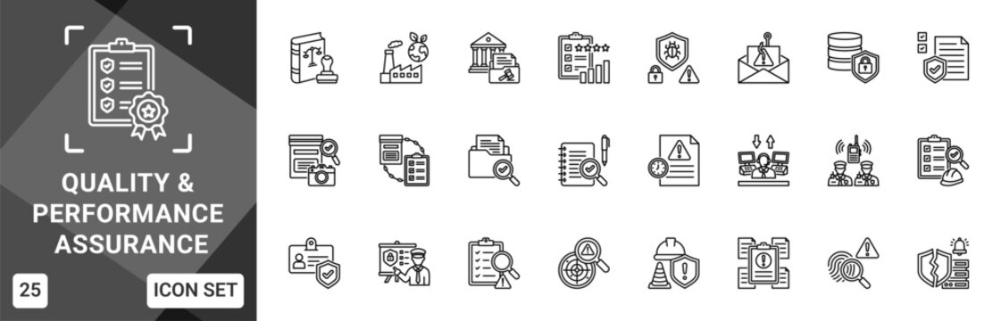 Quality And Performance Assurance  Icon set collection. Vector icon pack featuring thematic icons for your presentations or business.