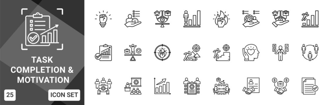 Task Completion And Motivation  Icon set collection. Vector icon pack featuring thematic icons for your presentations or business.