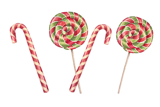 Watercolor set with Christmas red candy cane and lollipop isolated on white background. Sweet gift for New Year. Children dessert for celebration. Hand-drawn cute clipart for wallpaper or wrapping