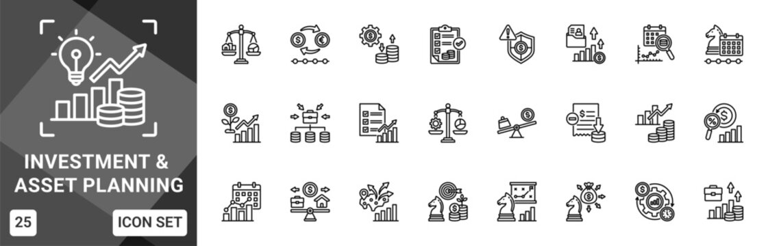 Investment & Asset Planning  Icon set collection. Vector icon pack featuring thematic icons for your presentations or business.