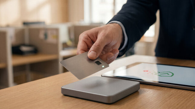 A businessman using a biometric smart card to authenticate access on a contactless reader device in a modern office environment