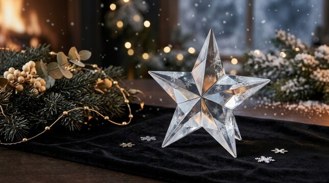 Decorative glass christmas star ornament on a black velvet runner with pine branches and festive bokeh lights in a cozy holiday home setting