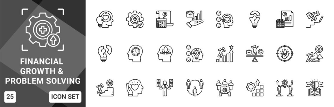 Financial Growth And Problem Solving  Icon set collection. Vector icon pack featuring thematic icons for your presentations or business.