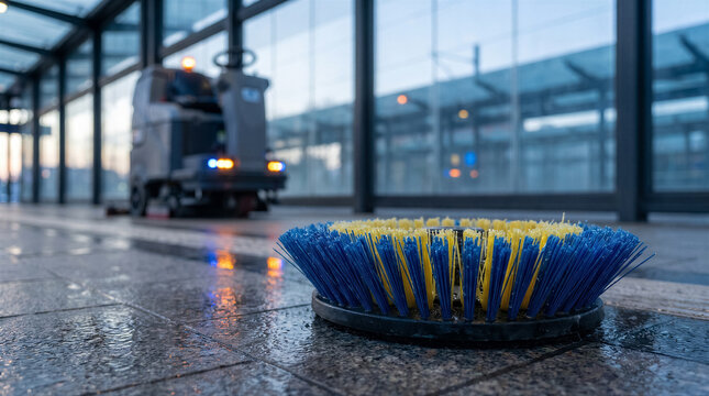 Industrial floor cleaning machine and a detached circular scrubbing brush on a wet tiled station platform at dusk