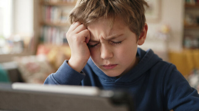 Stressed young boy looking at a tablet screen with his hand on his forehead, showing frustration or difficulty with homework
