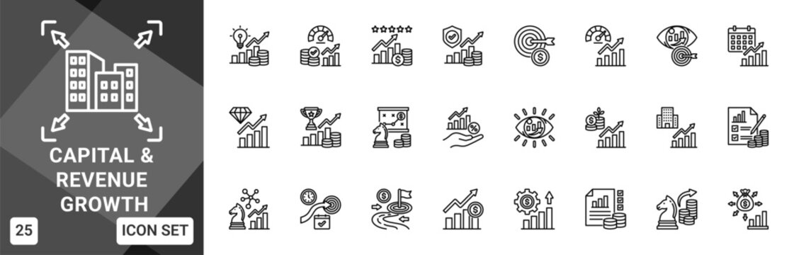 Capital & Revenue Growth  Icon set collection. Vector icon pack featuring thematic icons for your presentations or business.