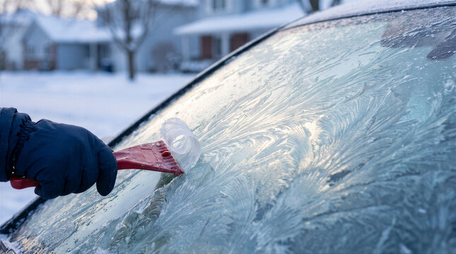 Person wearing a winter glove using a red plastic scraper to remove frost patterns from a car windshield on a cold snowy day