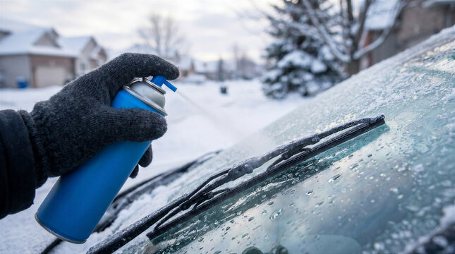 Person wearing gloves spraying deicer on a frozen car windshield during a cold winter day