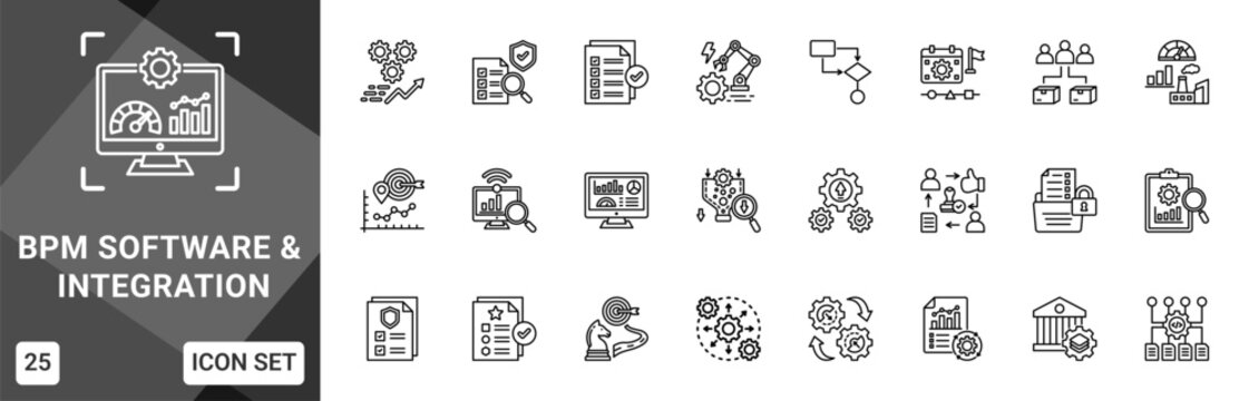 BPM Software & Integration  Icon set collection. Vector icon pack featuring thematic icons for your presentations or business.