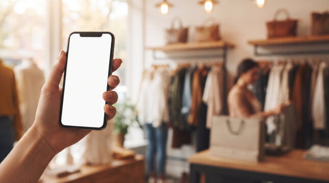 Closeup of a hand holding a smartphone with a blank white screen in a clothing store boutique