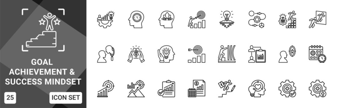Goal Achievement And Success Mindset  Icon set collection. Vector icon pack featuring thematic icons for your presentations or business.