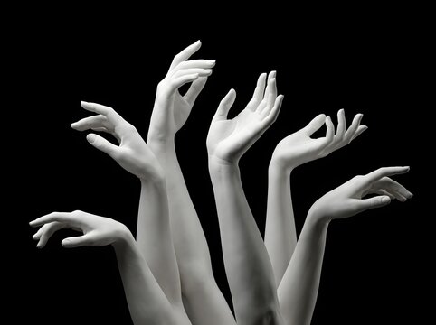 Ethereal White Sculptural Hands Ascending Gracefully Against Stark Black Background with Dynamic Composition