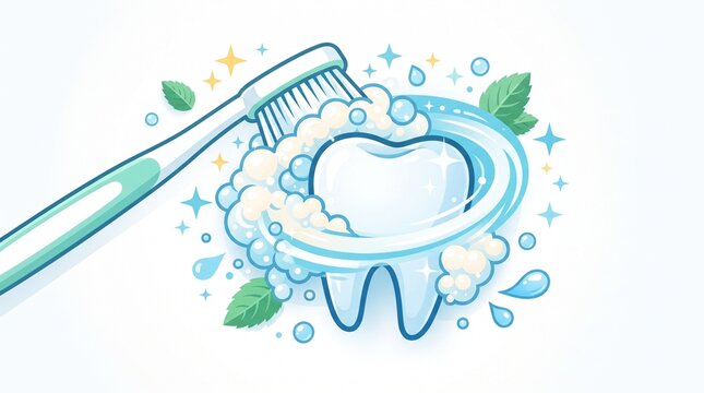 Tooth brushing and oral care concept with toothbrush, healthy tooth, toothpaste foam and freshness symbols, clean flat design illustration for dental hygiene