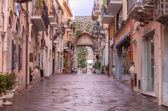 Wet Street in Historic Center of Taormina After Rain, Sicily, Italy
