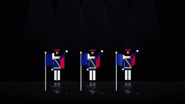 Three animated toy soldiers wearing blue and red uniforms stand proudly on a dark stage holding tall flags while dramatic theatrical spotlights shine brightly from above during a festive holiday
