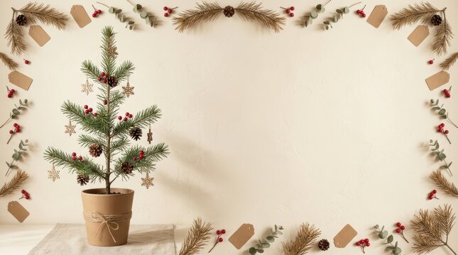 Small potted christmas tree with wooden ornaments and pine cones on a beige background with festive holiday decorations frame