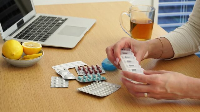 Organizing daily medicine in pill box with lemon tea and laptop nearby