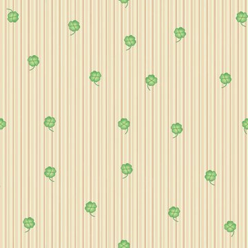 Delicate four leaf clover seamless pattern on beige yellow vertical stripes background for spring textile and stationery design