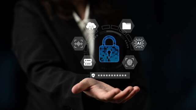 This image illustrates a digital security concept featuring a lock icon and AI elements, symbolizing data protection and safe information sharing in modern technology. Ledger