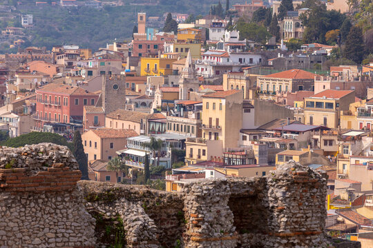 Panoramic View of Historic Taormina and Old Architecture in Sicily, Italy