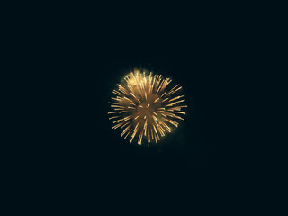 Fototapeta premium Bright golden pyrotechnic firework explosion bursting in the pitch-black night sky with glowing sparks shooting outward from the center.