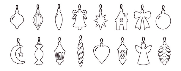 Fototapeta premium Christmas ornament set black outline illustration. Collection of holiday bauble shapes for tree decor. Minimalist winter festive line art icons isolated on white background, New Year decoration