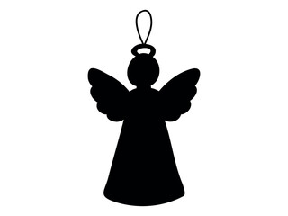 Fototapeta premium Black silhouette of Christmas angel ornament isolated on white background. Flat vector illustration of holy figure for holiday decoration, festive greeting card and religious design icon