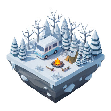 3D Isometric winter snowy camping scene with camper van and campfire isolated on transparent background