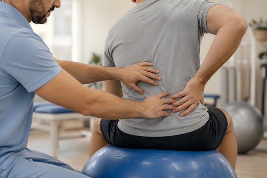 Physical Therapy Back Examination, Patient on Exercise Ball, Therapist Hand Assessment Scene, Rehabilitation Session Detail, Clinical Posture Correction  